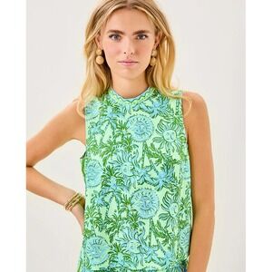 Lilly Pulitzer Anya Top Sleeveless Mock Neck Catchin Rays Green Blue Size S